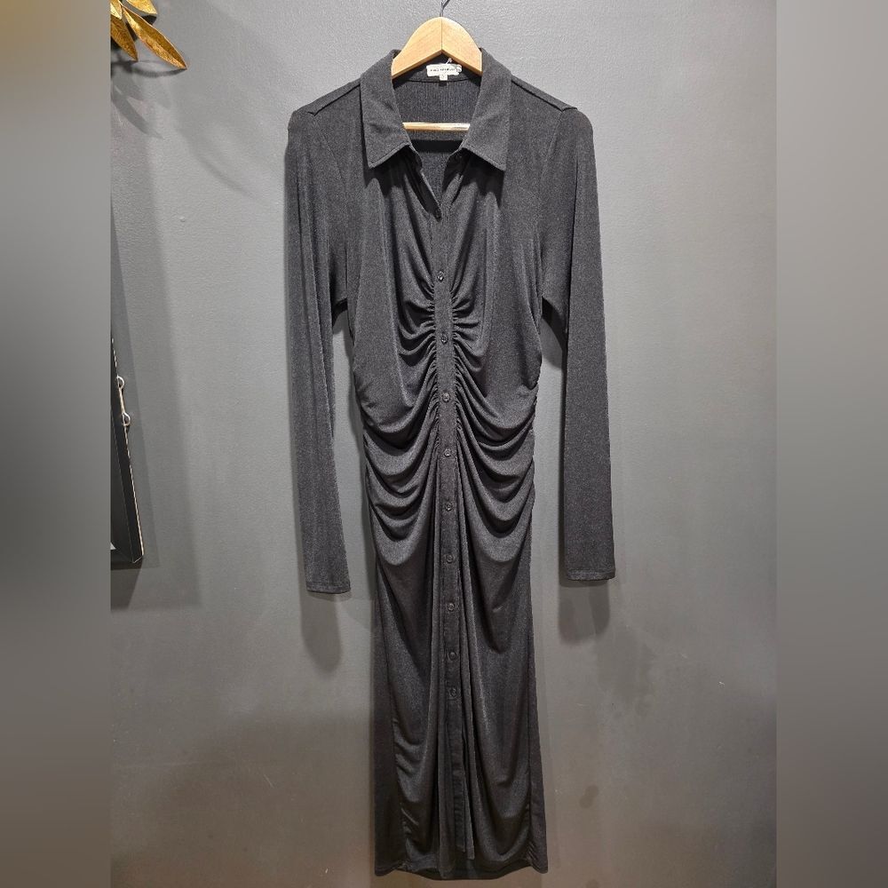 Good American Button Front Midi Black Dress Women's 3 Long Sleeve Shimmer Ruched